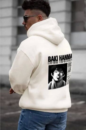 Erkek Baskılı Kapüşonlu Ve Kordon İpli Sweat - Beyaz resmi
